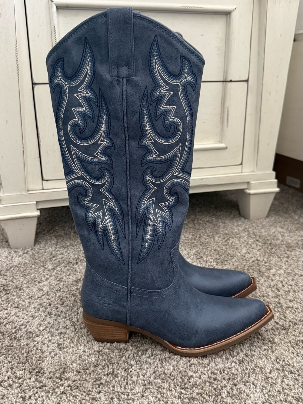 Frye Blue Embroidered Western Knee-High Heeled Boots